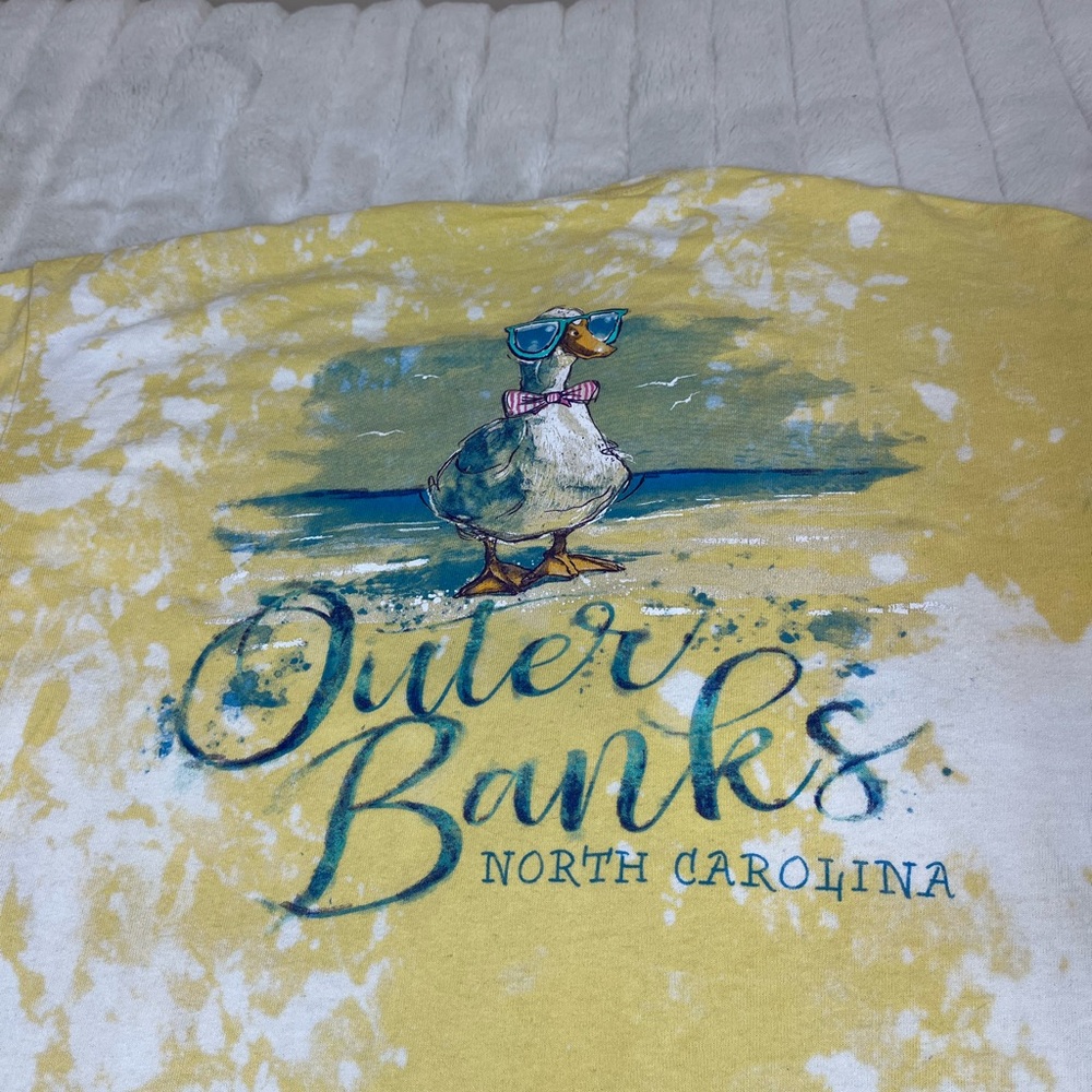 Outer Banks NC Dapper Preppy L Duck Beach Yellow White Bleach Dye Upcycle Tee